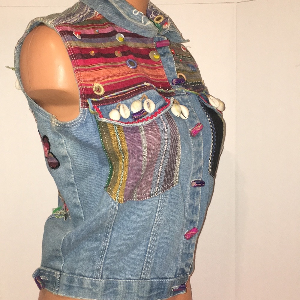Embellished(Patch Shell Bead Mirror)Denim Vest Top - image 7